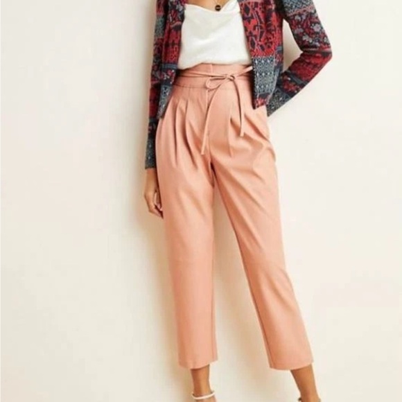 Anthropologie Blank NYC Peach Pink Faux Leather Paperbag Self Tie Pant 26 - Picture 1 of 9